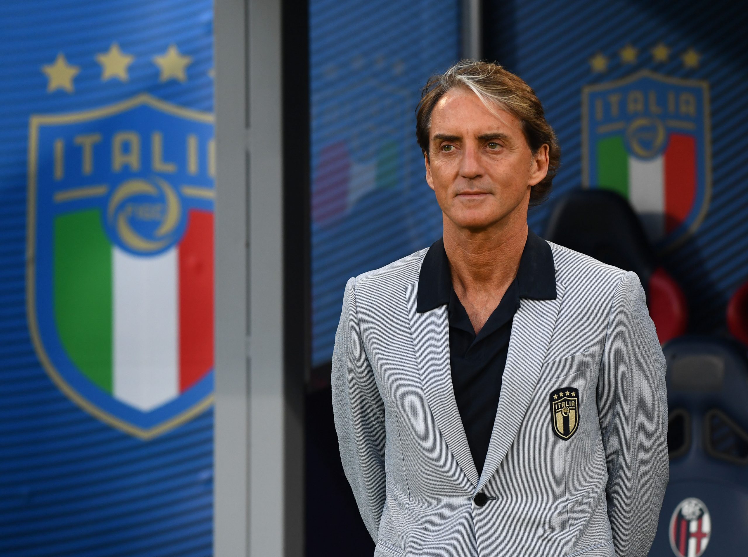 BOLOGNA, ITALY - JUNE 04: Head coach Italy Roberto Mancini looks on during the international friendly match between Italy and Czech Republic at on June 04, 2021 in Bologna, Italy. (Photo by Claudio Villa/Getty Images)