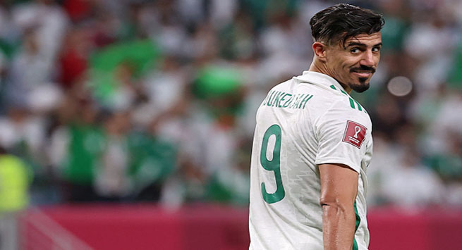 Algeria's forward Baghdad Bounedjah looks on during the FIFA Arab Cup 2021 group D football match between Lebanon and Algeria at the Al-Janoub Stadium in the Qatari city of Al-Wakrah on December 4, 2021. (Photo by KARIM JAAFAR / AFP) (Photo by KARIM JAAFAR/AFP via Getty Images)