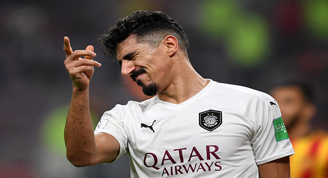 DOHA, QATAR - DECEMBER 17: Baghdad Bounedjah of Al-Sadd reacts during the match between Al-Saad SC and ES Tunis at Khalifa International Stadium on December 17, 2019 in Doha, Qatar. (Photo by Etsuo Hara/Getty Images)