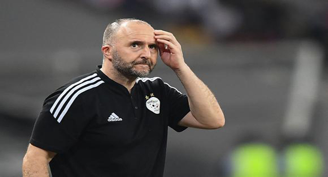 Algeria's head coach Djamel Belmadi reacts during the Group E Africa Cup of Nations (CAN) 2021 football match between Ivory Coast and Algeria at Stade de Japoma in Douala on January 20, 2022. (Photo by CHARLY TRIBALLEAU / AFP)