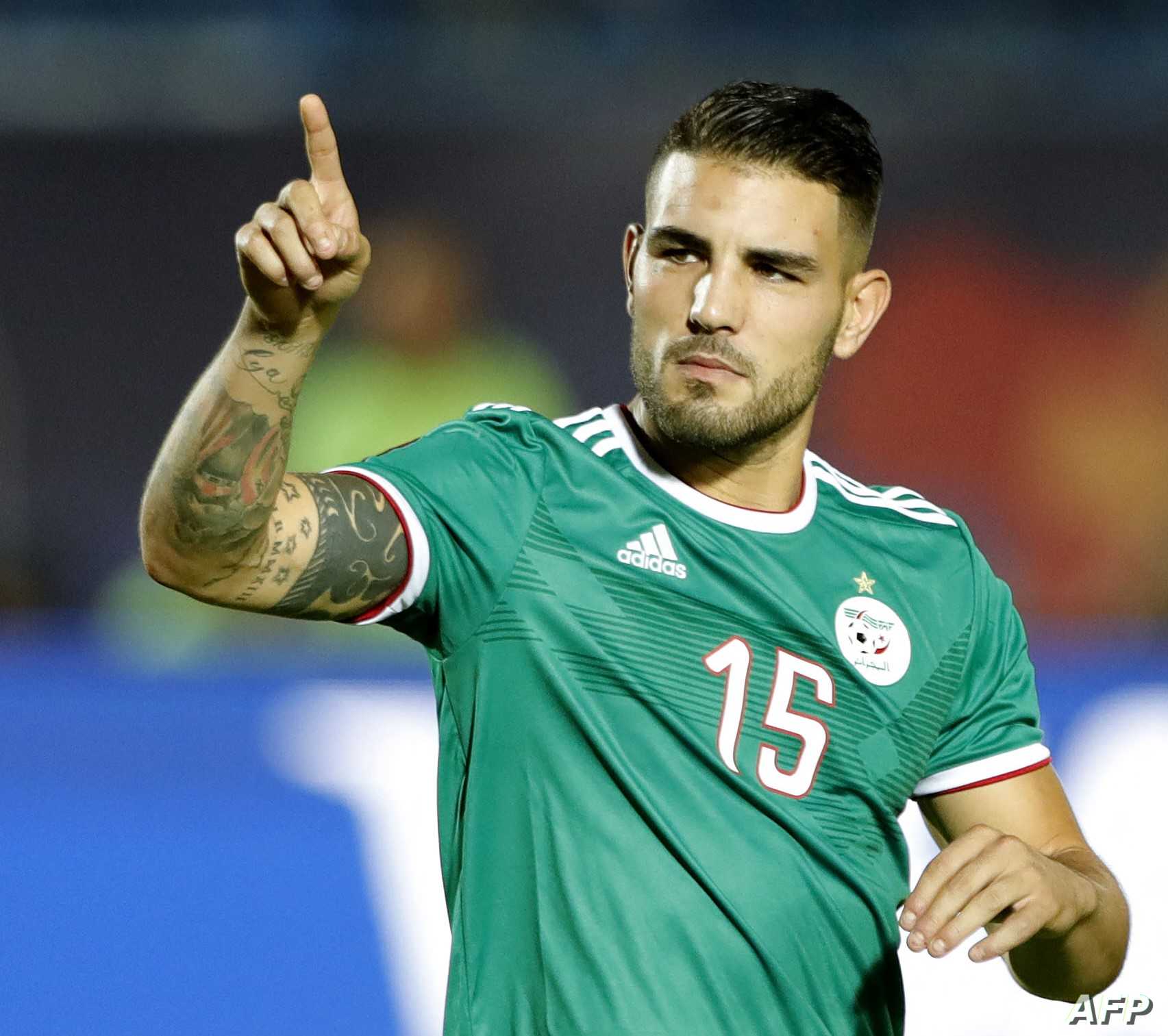 Algeria's forward Andy Delort celebrates after scoring during the penalty shootout of the 2019 Africa Cup of Nations (CAN) quarter final football match between Ivory Coast and Algeria at the Suez stadium in Suez on July 11, 2019. (Photo by FADEL SENNA / AFP)