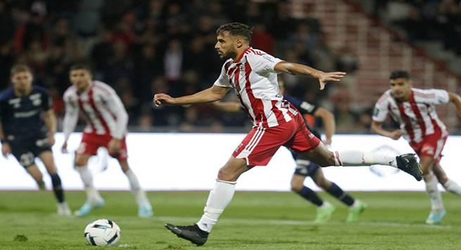 Ajaccio's Algerian midfielder Youcef Belaïli (C) kicks the ball scoring a penalty during the French L1 football match between AC Ajaccio and RC Strasbourg Alsace at the Francois Coty stadium in Ajaccio on November 5, 2022. (Photo by Pascal POCHARD-CASABIANCA / AFP) (Photo by PASCAL POCHARD-CASABIANCA/AFP via Getty Images)