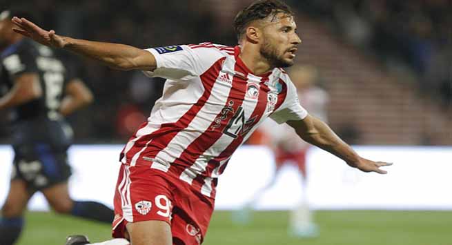 Ajaccio's Algerian midfielder Youcef Belaïli celebrates after scoring a penalty during the French L1 football match between AC Ajaccio and RC Strasbourg Alsace at the Francois Coty stadium in Ajaccio on November 5, 2022. (Photo by Pascal POCHARD-CASABIANCA / AFP) (Photo by PASCAL POCHARD-CASABIANCA/AFP via Getty Images)