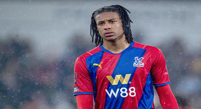 LONDON, ENGLAND - MARCH 01: Michael Olise of Crystal Palace during the Emirates FA Cup Fifth Round match between Crystal Palace and Stoke City at Selhurst Park on March 1, 2022 in London, England. (Photo by Sebastian Frej/MB Media/Getty Images)