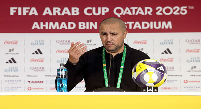 DOHA, QATAR - DECEMBER 03: Madjid Bougherra, Head Coach of Algeria, speaks to the media in a post match press conference after the Group D FIFA Arab Cup 2025 match between Algeria and Sudan at Ahmad Bin Ali Stadium on December 03, 2025 in Doha, Qatar. (Photo by Mohamed Farag - FIFA/FIFA via Getty Images)
