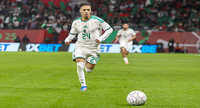 Rabat, Morocco - December 31: Algeria's Ilan Kebbal runs after the ball during the Africa Cup Of Nations Group E match between Equatorial Guinea and Algeria at Moulay Hassan Stadium on December 31, 2025 in Rabat, Morocco. (Photo by Torbjorn Tande/DeFodi Images/DeFodi via Getty Images)