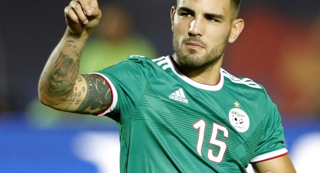 Algeria's forward Andy Delort celebrates after scoring during the penalty shootout of the 2019 Africa Cup of Nations (CAN) quarter final football match between Ivory Coast and Algeria at the Suez stadium in Suez on July 11, 2019. (Photo by FADEL SENNA / AFP)
