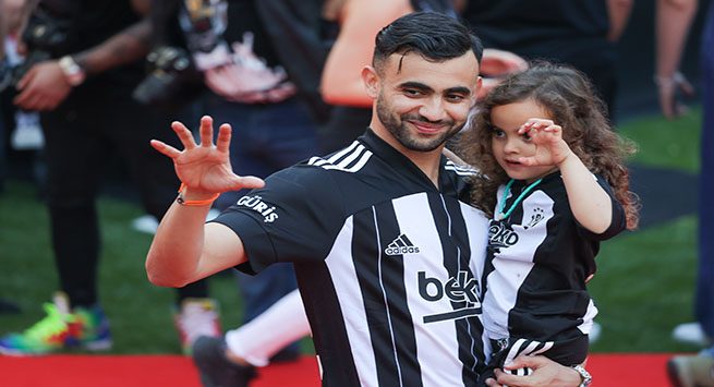 ISTANBUL, TURKEY - MAY 19: Rachid Ghezzal of Besiktas during the Cup Ceremony of Besiktas, after winning the Turkiye Kupasi and Super Lig, at Vodafone Park on May 19, 2021 in Istanbul, Turkey (BSR Agency/Getty Images)