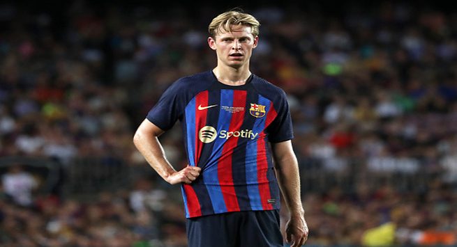 Frenkie de Jong during the match between FC Barcelona and Pumas UNAM, corresponding to the Joan Gamper tropphy, played at the Spotify Camp Nou, in Barcelona, on 07th August 2022. 
 -- (Photo by Urbanandsport/NurPhoto via Getty Images)
