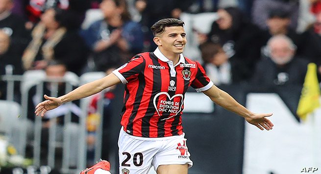 Nice's Algerian defender Youcef Atal celebrates afte scoring a goal during the French L1 football match between Nice (OGCN) and Strasbourg (RCSA) on March 3, 2019, at the Allianz Riviera stadium in Nice, southeastern France. (Photo by VALERY HACHE / AFP)