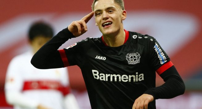 Leverkusen's German forward Florian Wirtz celebrates scoring the team's fourth goal during the German first division Bundesliga football match between Bayer 04 Leverkusen and VfB Stuttgart in Leverkusen, western Germany, on February 6, 2021. (Photo by THILO SCHMUELGEN / POOL / AFP) / DFL REGULATIONS PROHIBIT ANY USE OF PHOTOGRAPHS AS IMAGE SEQUENCES AND/OR QUASI-VIDEO