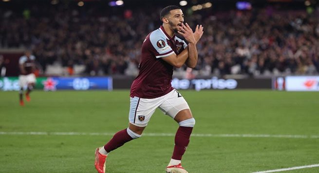 LONDON, ENGLAND - SEPTEMBER 30: Said Benrahma of West Ham United celebrates after scoring their sides second goal during the UEFA Europa League group H match between West Ham United and Rapid Wien at Olympic Stadium on September 30, 2021 in London, England. (Photo by Julian Finney/Getty Images)