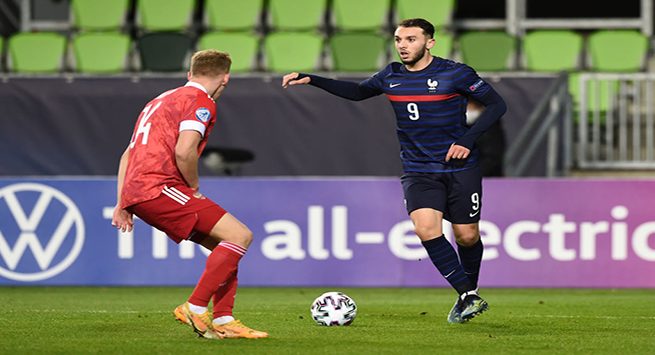 SZOMBATHELY, HUNGARY - MARCH 28: Amine Gouiri of France on the ball during the 2021 UEFA European Under-21 Championship Group C match between Russia and France at Haladas Stadium on March 28, 2021 in Szombathely, Hungary. Sporting stadiums around Hungary remain under strict restrictions due to the Coronavirus Pandemic as Government social distancing laws prohibit fans inside venues resulting in games being played behind closed doors. (Photo by Chris Ricco - UEFA/UEFA via Getty Images)