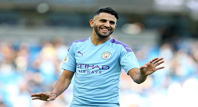 MANCHESTER, ENGLAND - AUGUST 17: Riyad Mahrez of Manchester City reacts during his warm up prior to the Premier League match between Manchester City and Tottenham Hotspur at Etihad Stadium on August 17, 2019 in Manchester, United Kingdom. (Photo by Matt McNulty - Manchester City/Manchester City FC via Getty Images)